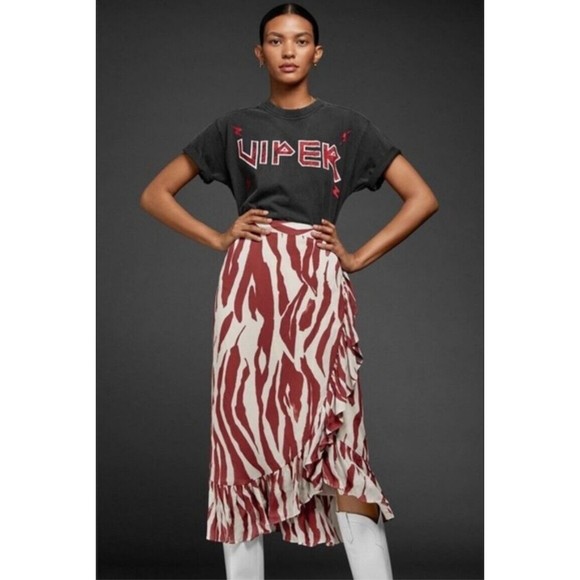 ANINE BING Lucky Zebra Wrap Skirt Midi Ruffle White Brown Tribal Travel XS - Picture 9 of 10
